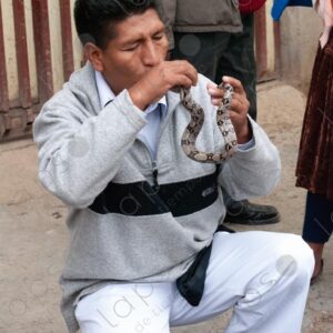 Bolivian man performing a street show with a small snake 1