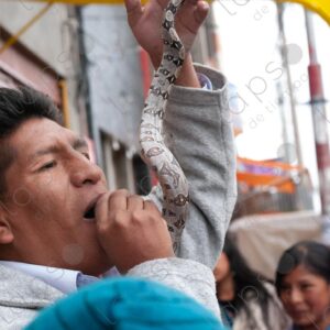Bolivian man performing a street show with a small snake 3
