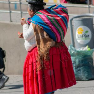 Cholita standing wearing a red skirt