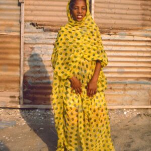 Portrait of a Teenage Girl with Melhfa Clothing Sahrawi Dress Yellow Cotton 2