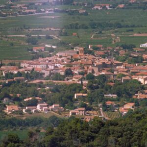 Aerial view of the medieval city from the Dentelles de Montmirail viewpoint