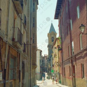 Alley, buildings and church of Pamplona