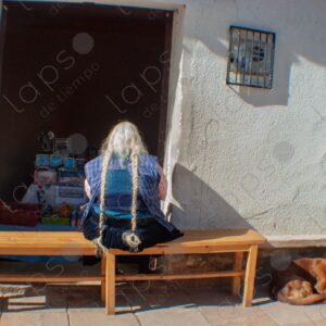 Bolivian woman from back with white braided hair 1