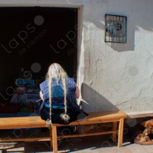 Bolivian woman from back with white braided hair 3