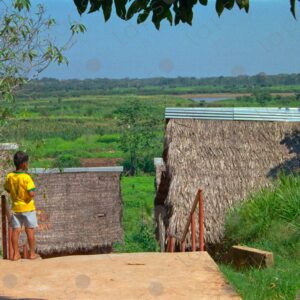 Boy looks at the green landscape