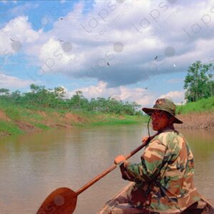 Canoe guide looks at the camera