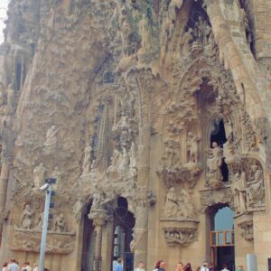 Carved stone sculpture on the grand facade of the Basilica of the Sagrada Familia in Barcelona, Spain 1