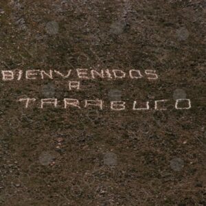 Detail of Welcome Message on Hillside Written with White Stones 1