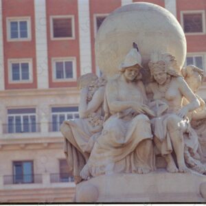Detail of the statue on top of the Cervantes monument in Plaza de España 1