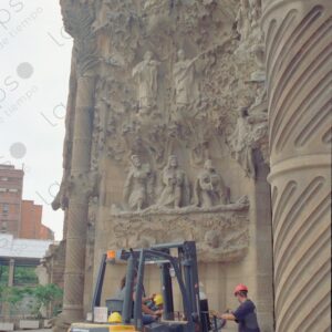 Forklift on the Gothic facade of the Sagrada Familia Basilica