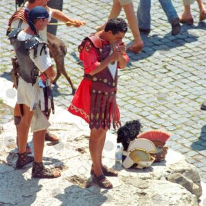 Gladiators for tourist photos in front of the Roman coliseum, Rome,