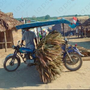 Loaded motorcycle with a palm-thatched roof 1