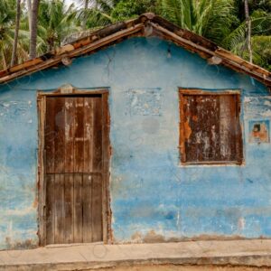 Rustic blue house with palm trees in the background 2