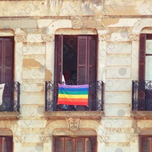 San Fermín, balconies with Basque flags, Pamplona