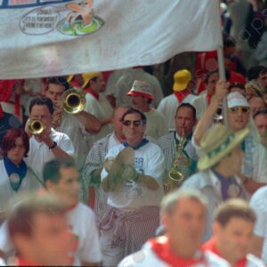 San Fermín, people, banners and band