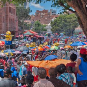 Wide shot of the carnival in Sucre Bolivia