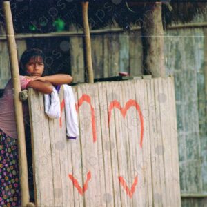 Woman looks into Amazonian wooden houses