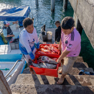 young people on pier receiving catch 12