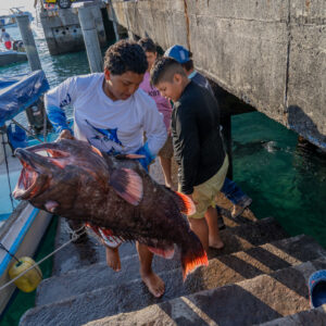 young people on pier receiving catch 17