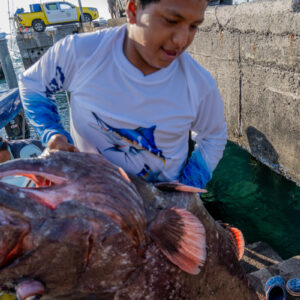 young people on pier receiving catch 20